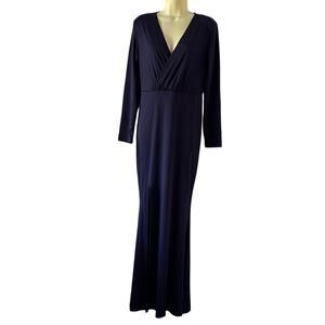 Navy Blue Purple Long Sleeve Gown with Cross V-Neck Extra Long Slit Bodycon